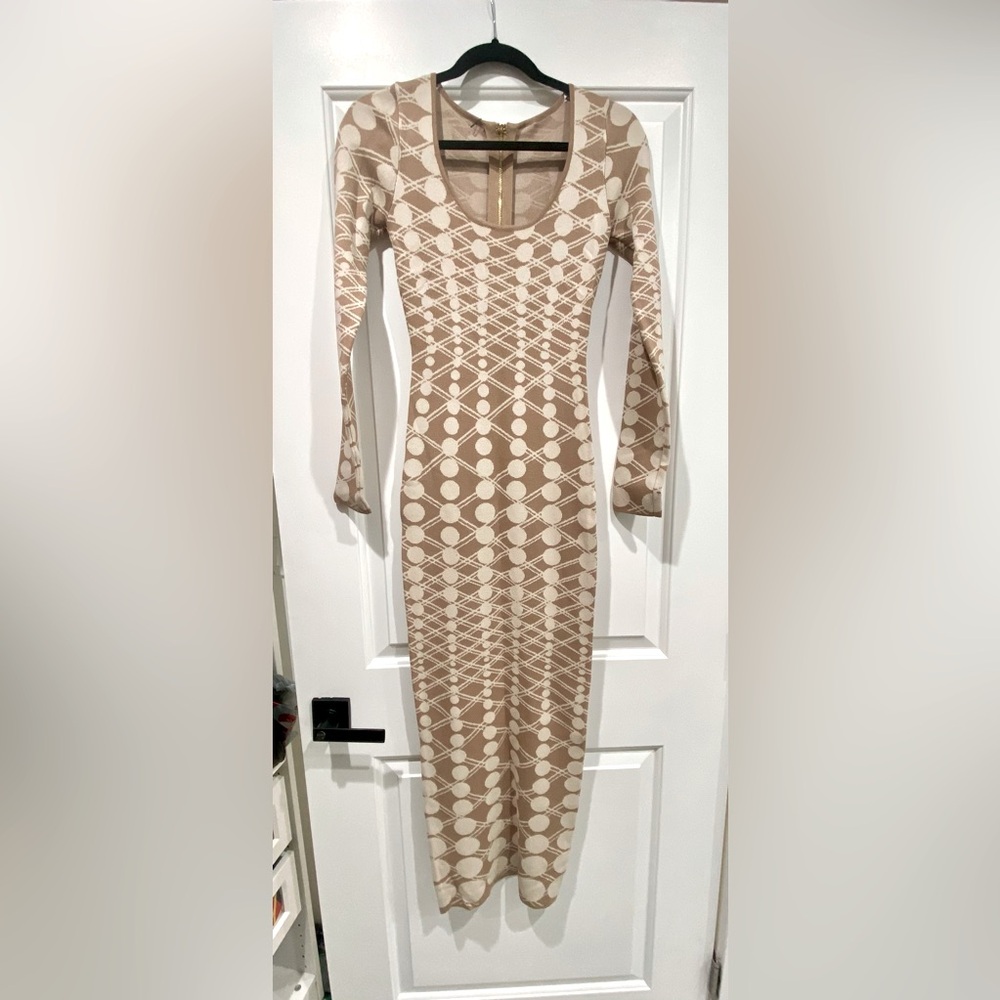 Cocolux Couture Bodycon Dress Small Nude Long Sleeve Stretch Form Fitting NWT